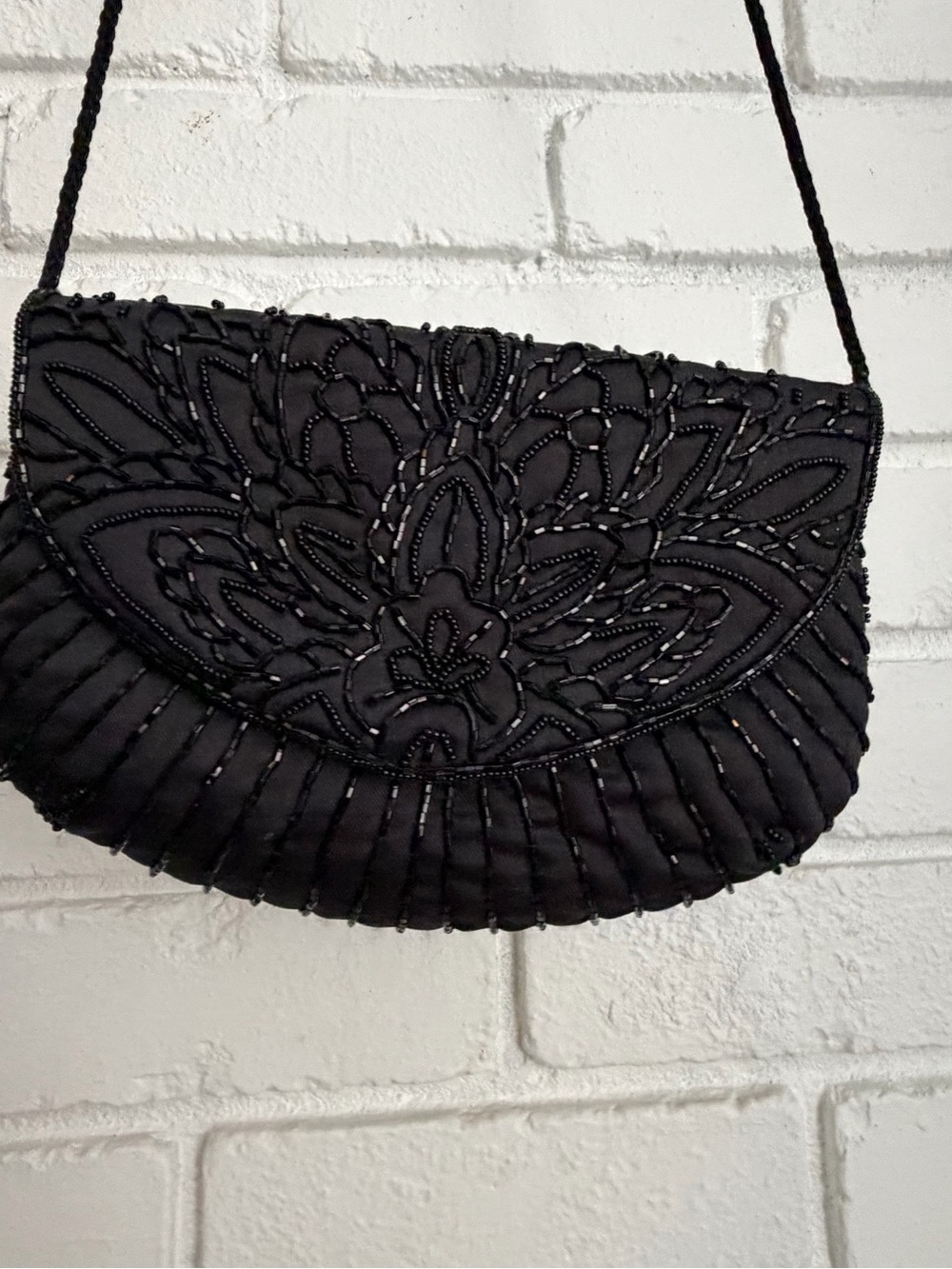 Black Beaded Mini Shoulder Bag - Embroidered Evening Clutch